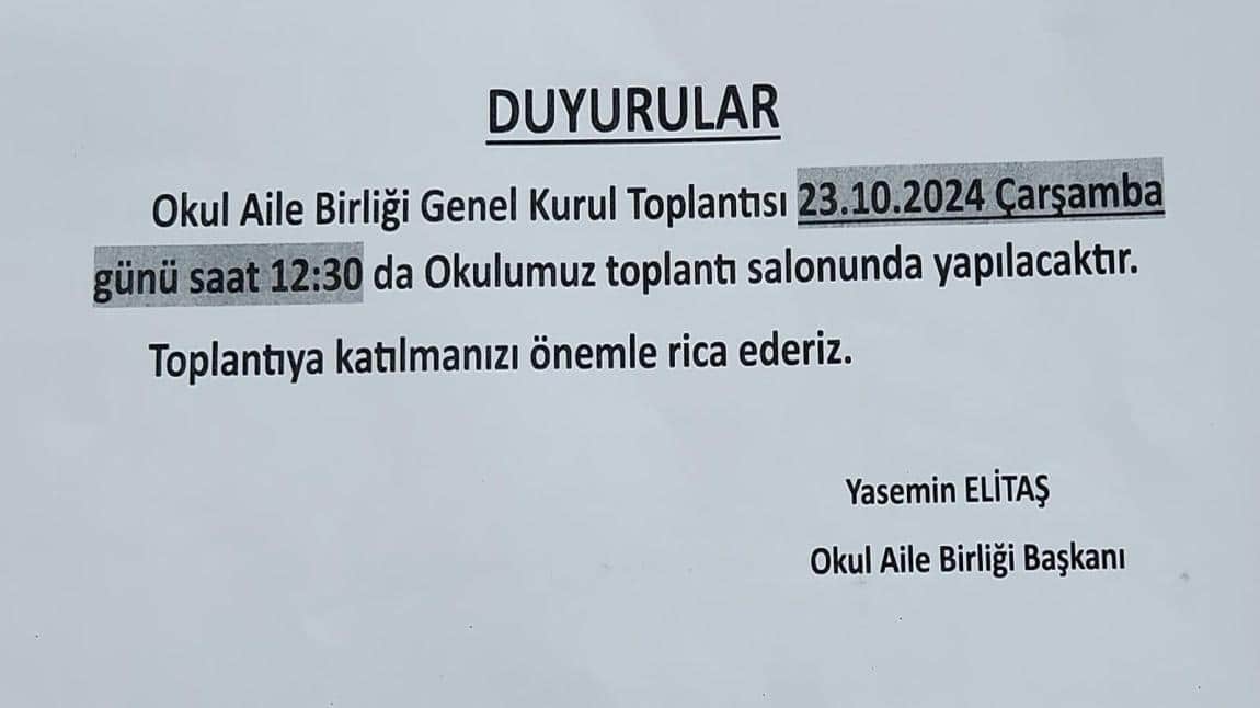 OKUL AİLE BİRLİĞİ TOPLANTI DUYURUSU